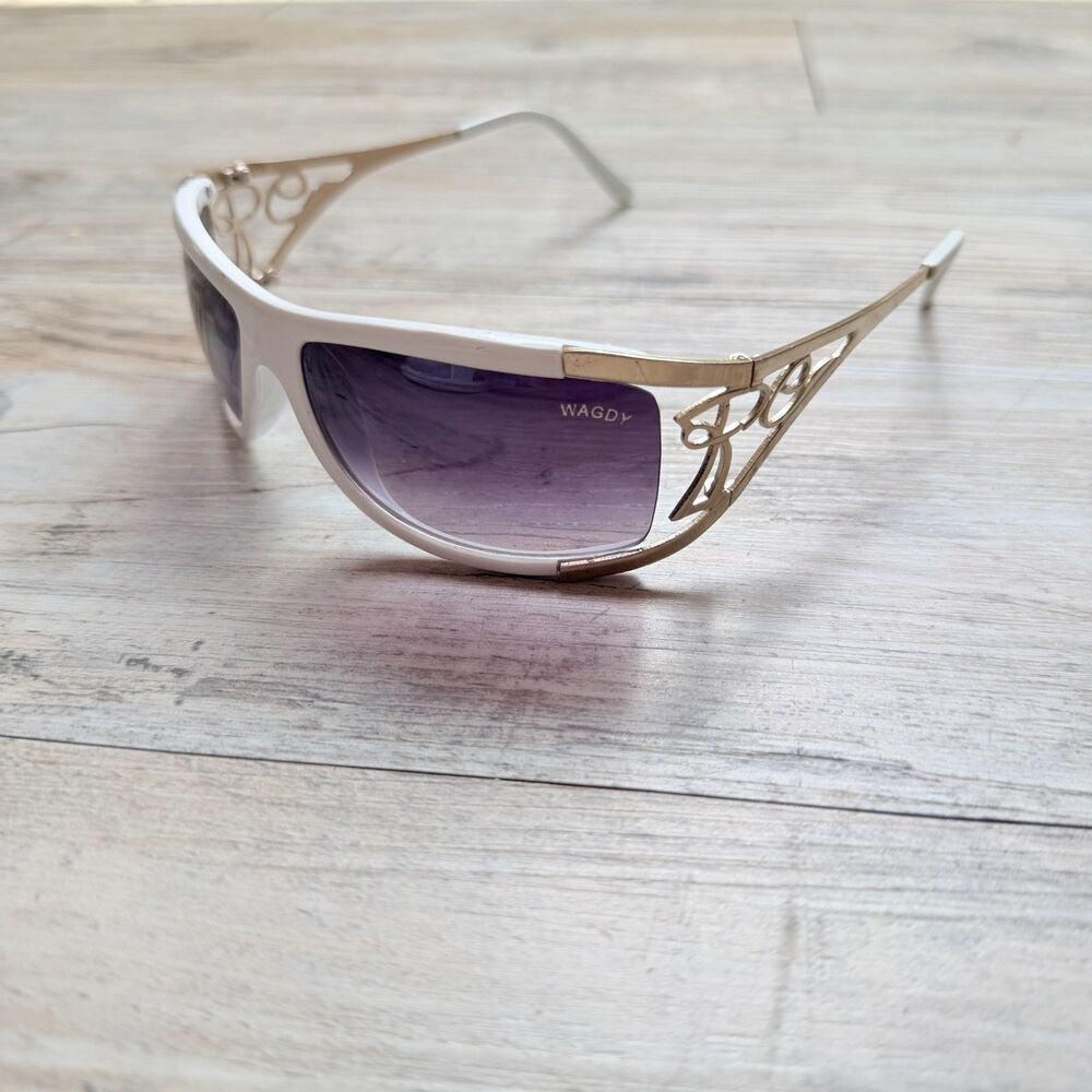 Y2K White Shield Sunglasses Rimless Silver Filigree Wraparound Futuristic WAGDY